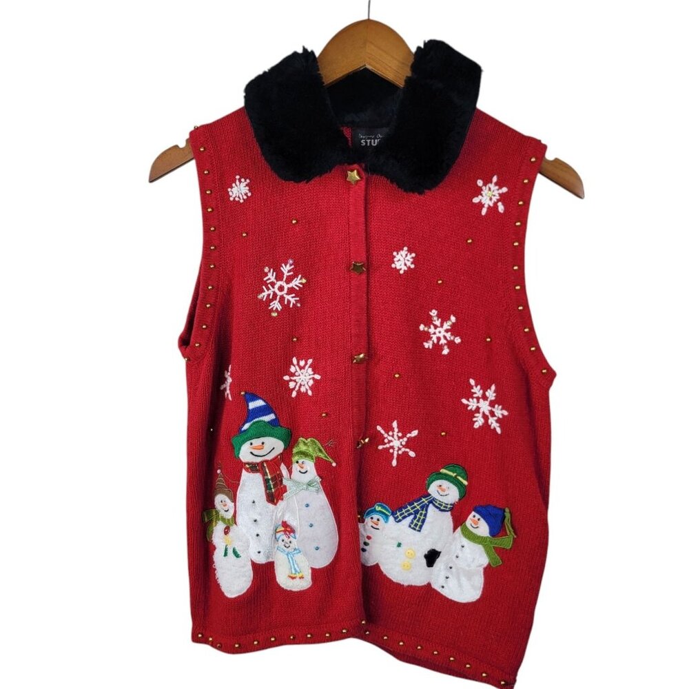 Vintage Sweater Vest Size Medium Petite Snowflake Snowman Red Faux Fur Collar